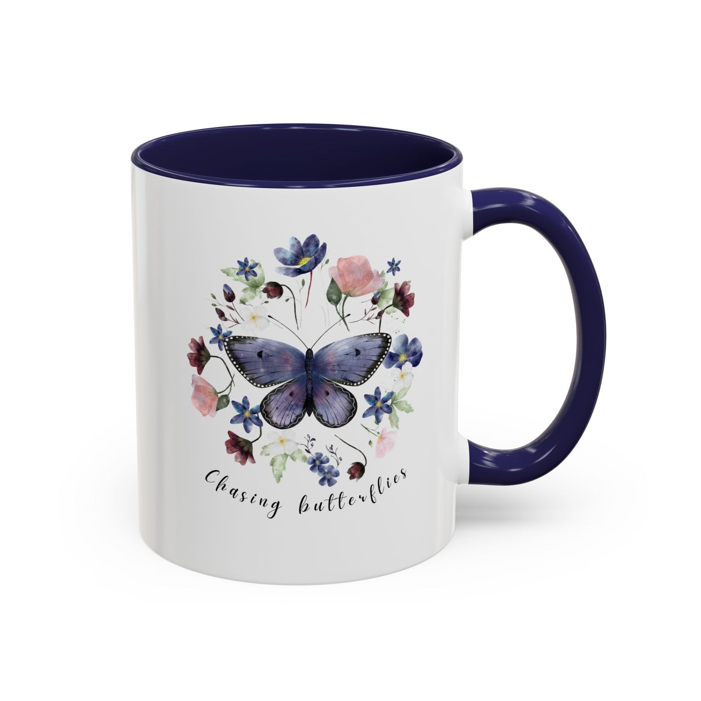 Close-up view of the intricate butterfly and wildflower design on the Butterfly & Wildflower Accent Coffee Mug, showcasing the vibrant colors and delicate details.