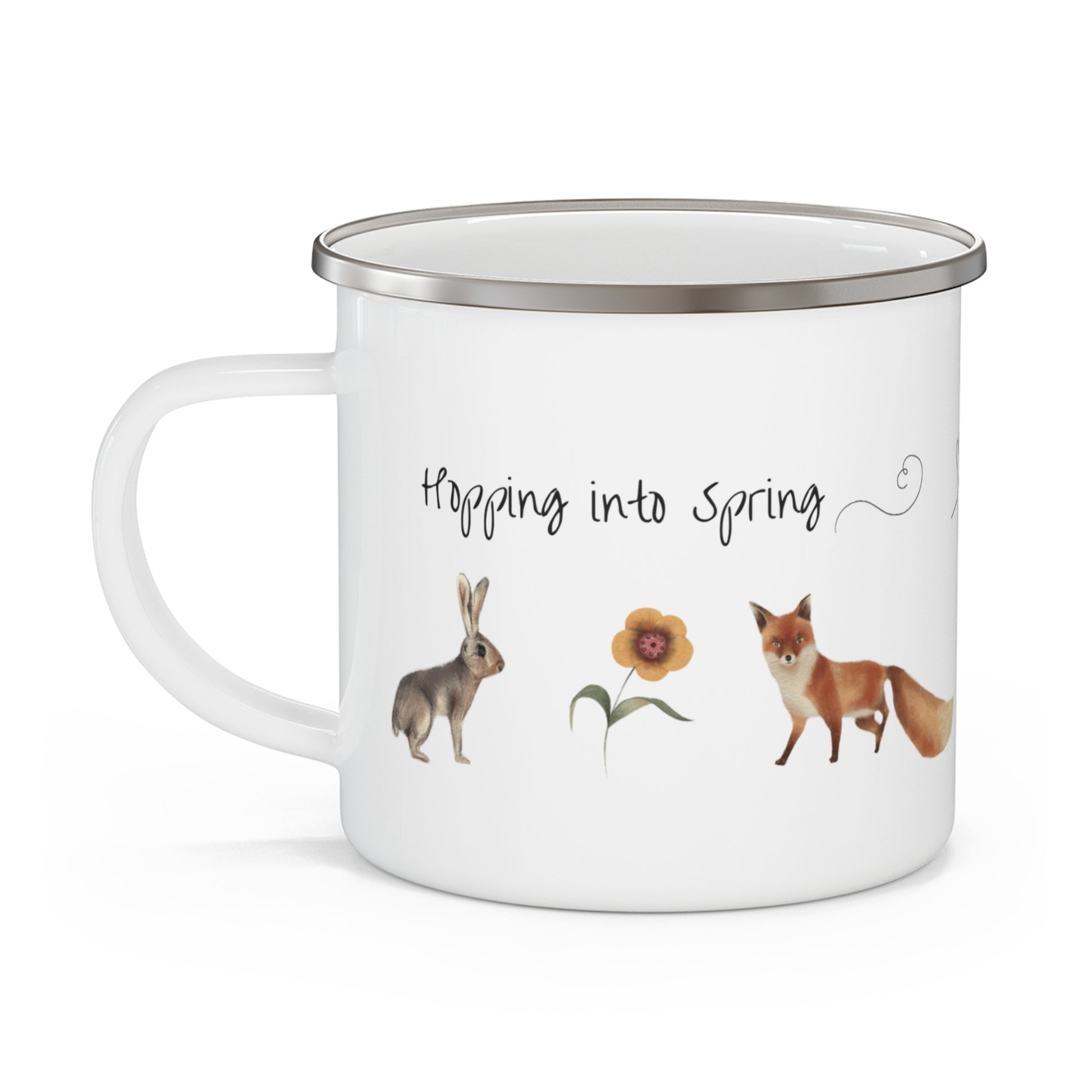 Personalized enamel camping mug featuring Spring Animals and the name