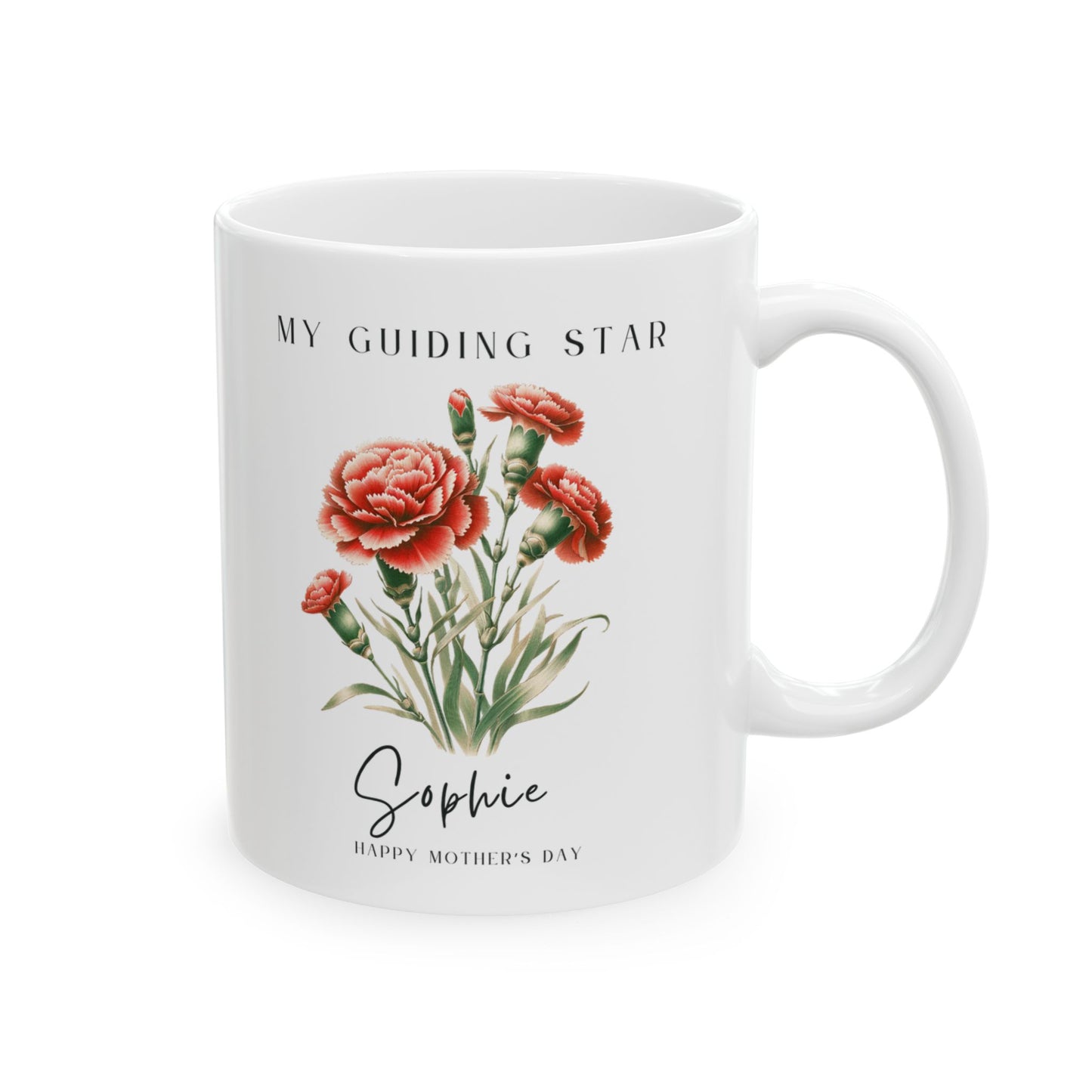 Personalized Wildflower Birth Month Mother's Day Mug, showcasing a sample design with a [January- Carnation] and a personalized name and message, on a white ceramic mug. Available in 11oz