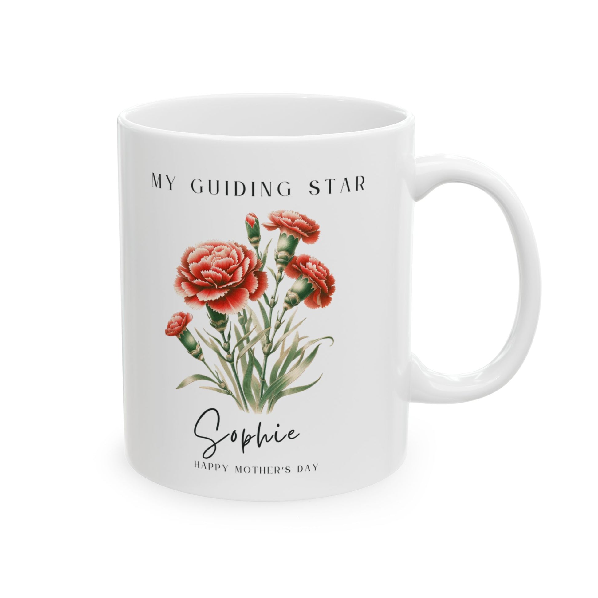 Personalized Wildflower Birth Month Mother's Day Mug, showcasing a sample design with a [January- Carnation] and a personalized name and message, on a white ceramic mug. Available in 11oz