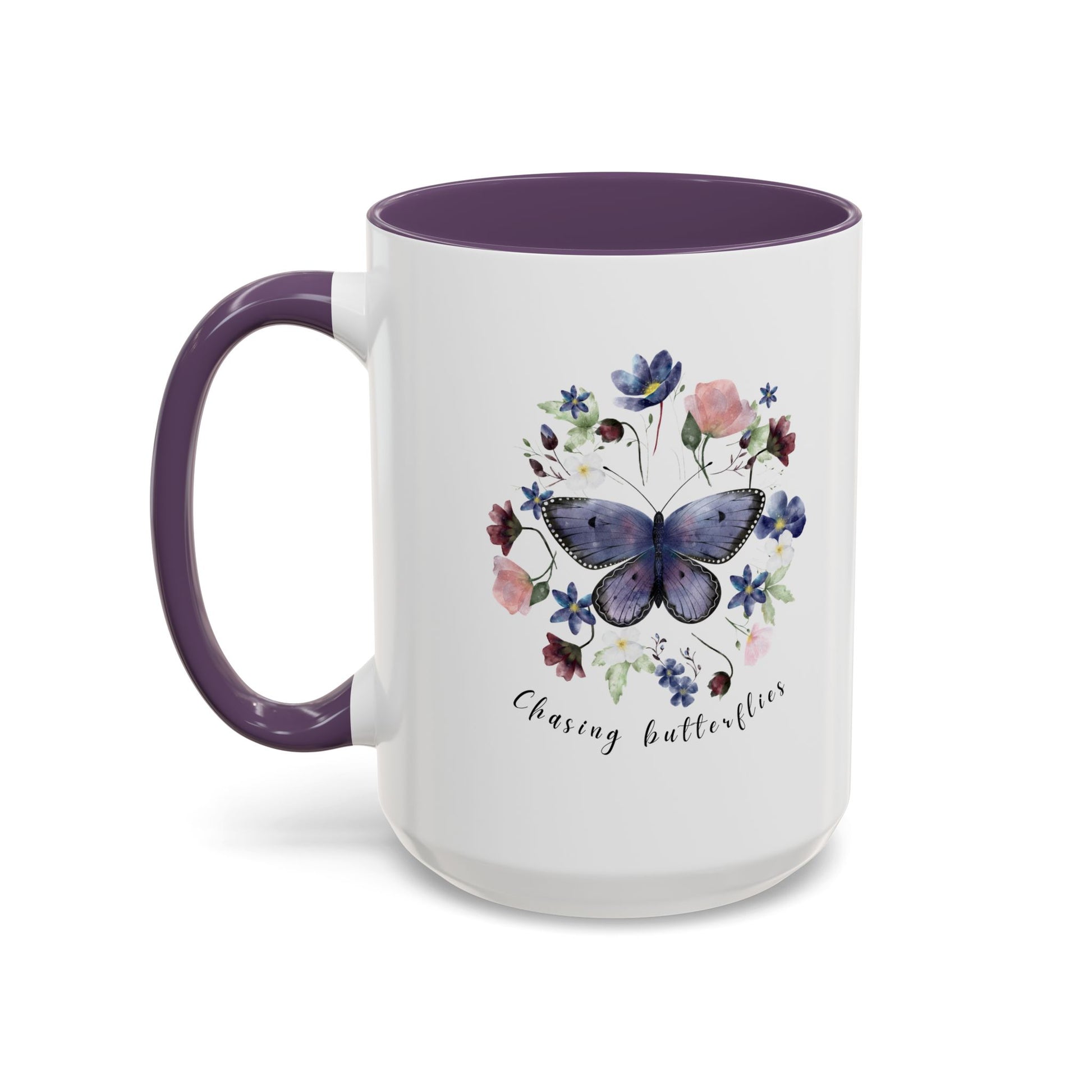 Beautiful Butterfly & Wildflower Accent Coffee Mug, featuring delicate butterflies and vibrant wildflowers on a white ceramic background.  15oz sizes.