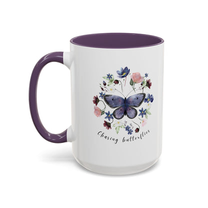 Beautiful Butterfly & Wildflower Accent Coffee Mug, featuring delicate butterflies and vibrant wildflowers on a white ceramic background.  15oz sizes.