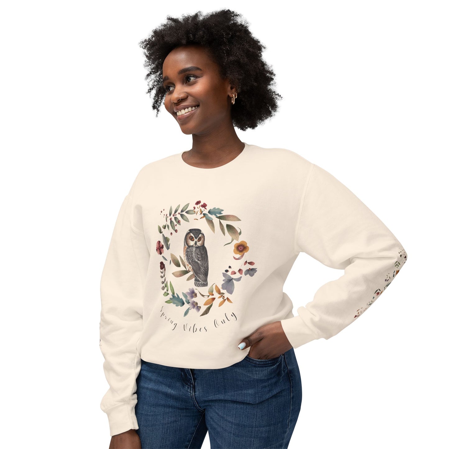 Spring Vibes Only: Watercolor Owl & Flowers Unisex Lightweight Crewneck Sweatshirt - Wild Family Tribe