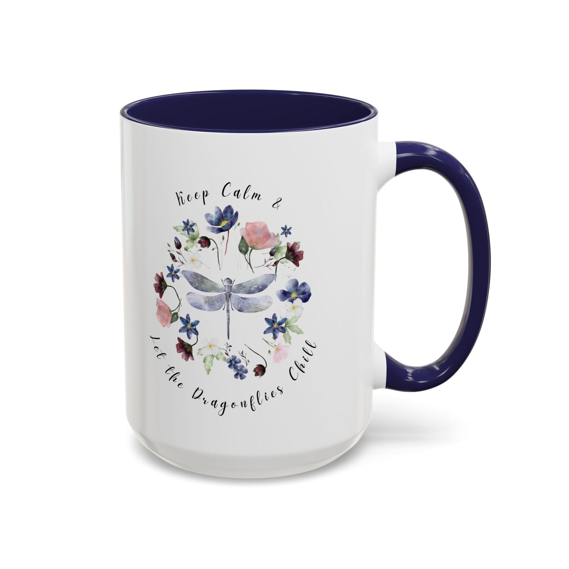 Keep Calm & Let Dragonflies Chill Coffee Mug, featuring a charming designon a white ceramic mug. Available in 15oz Navy