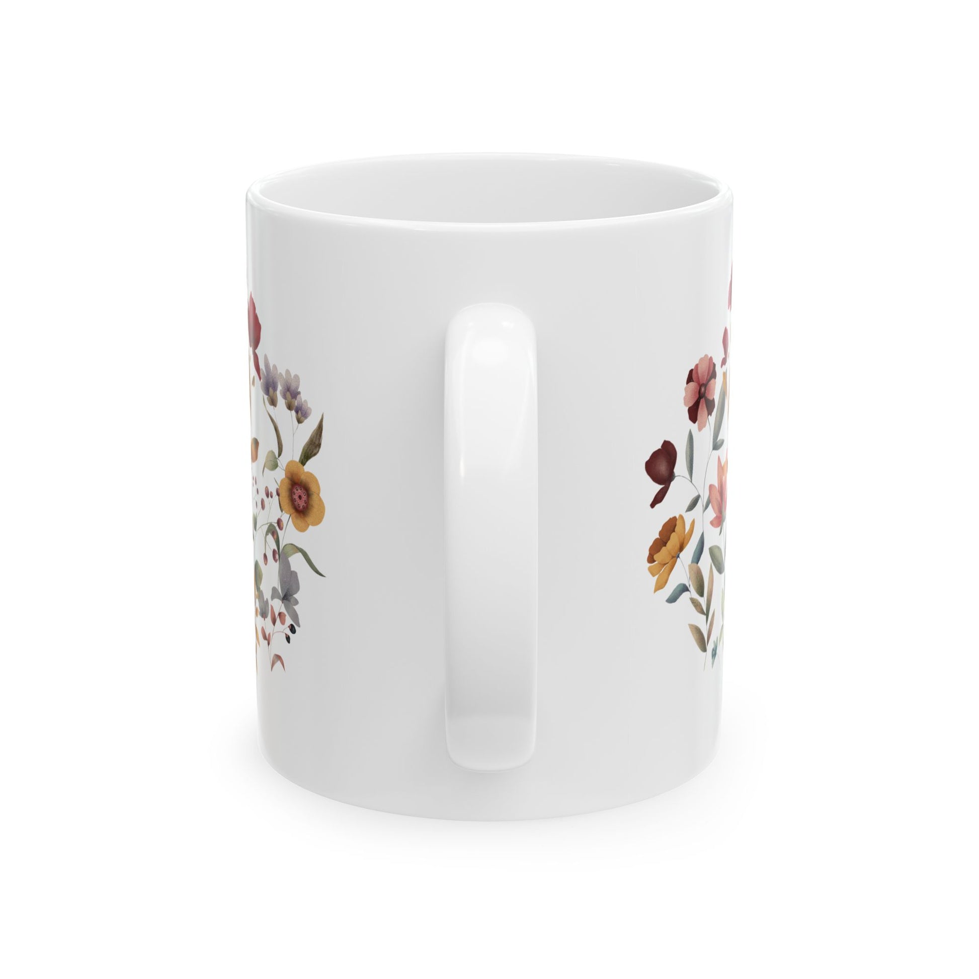 Wildflowers Circle Ceramic Mug, showcasing a vibrant circular arrangement of wildflowers on a white ceramic background. Available in 11oz