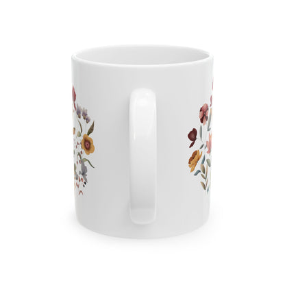 Wildflowers Circle Ceramic Mug, showcasing a vibrant circular arrangement of wildflowers on a white ceramic background. Available in 11oz