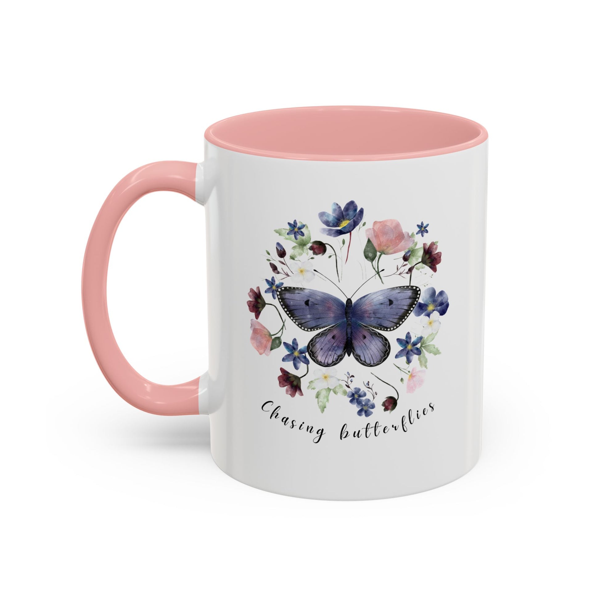 Close-up view of the intricate butterfly and wildflower design on the Butterfly & Wildflower Accent Coffee Mug, showcasing the vibrant colors and delicate details.