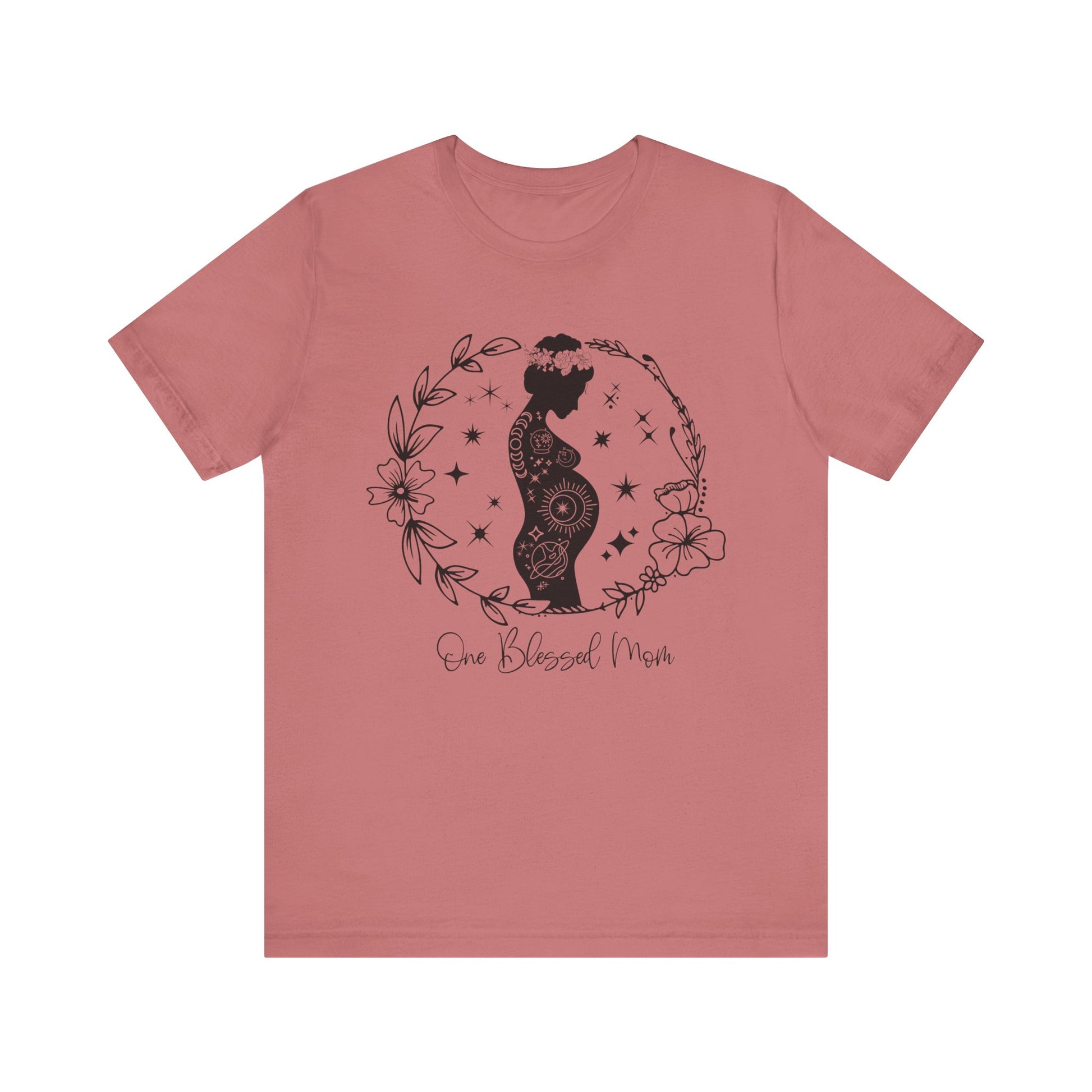 Flat lay of the "One Blessed Mom" T-Shirt, highlighting the soft Airlume cotton fabric and classic crew neckline. Mauve