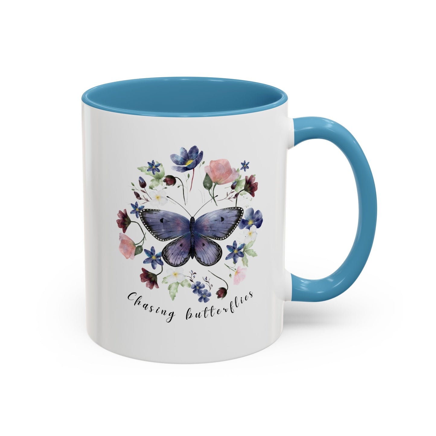 Beautiful Butterfly & Wildflower Accent Coffee Mug, featuring delicate butterflies and vibrant wildflowers on a white ceramic background.  15oz sizes.