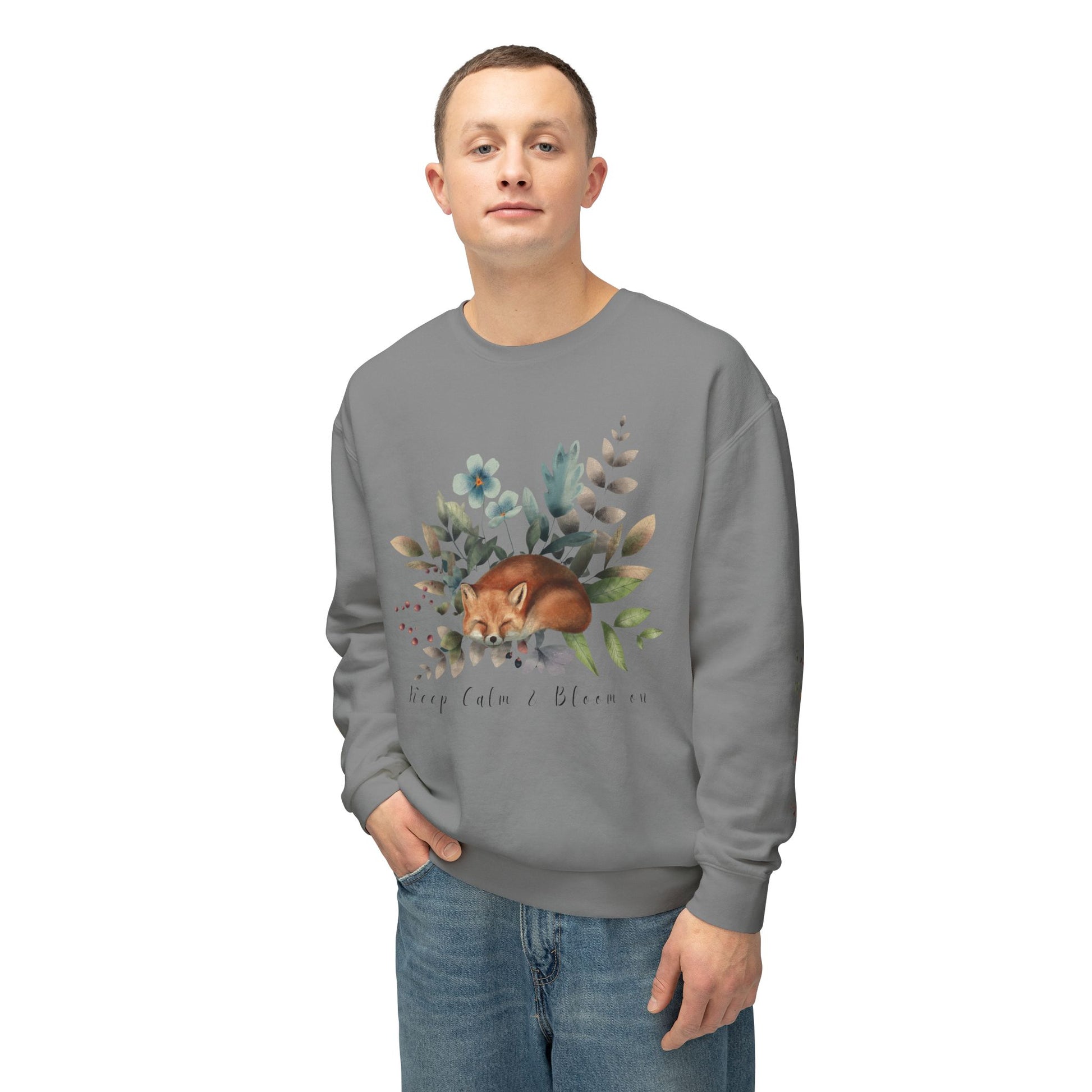Keep Calm & Bloom on: Watercolor Fox & Flowers Unisex Lightweight Crewneck Sweatshirt - Wild Family Tribe
