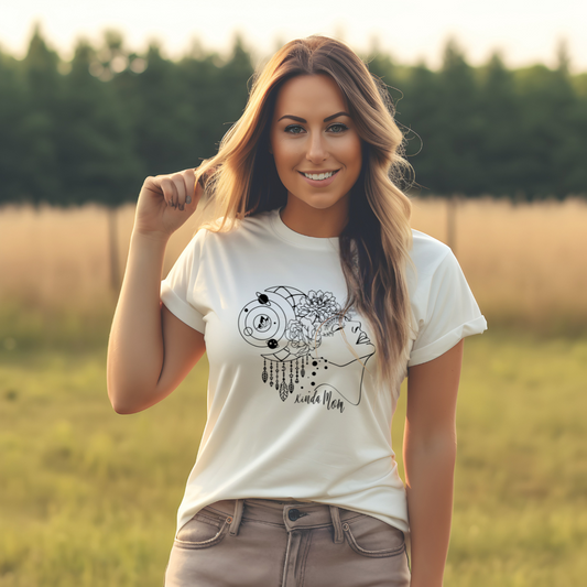 "Kinda Mom" Unisex Jersey T-Shirt, featuring the funny "Kinda Mom" design, modeled by a woman wearing size M.