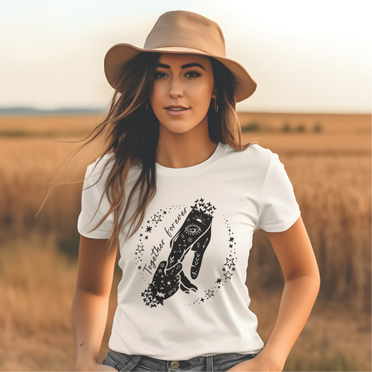 "Together Forever" Mother's Day Unisex Jersey T-Shirt, featuring  both hands (mother & son) in a starring circle design, modeled by woman wearing size M