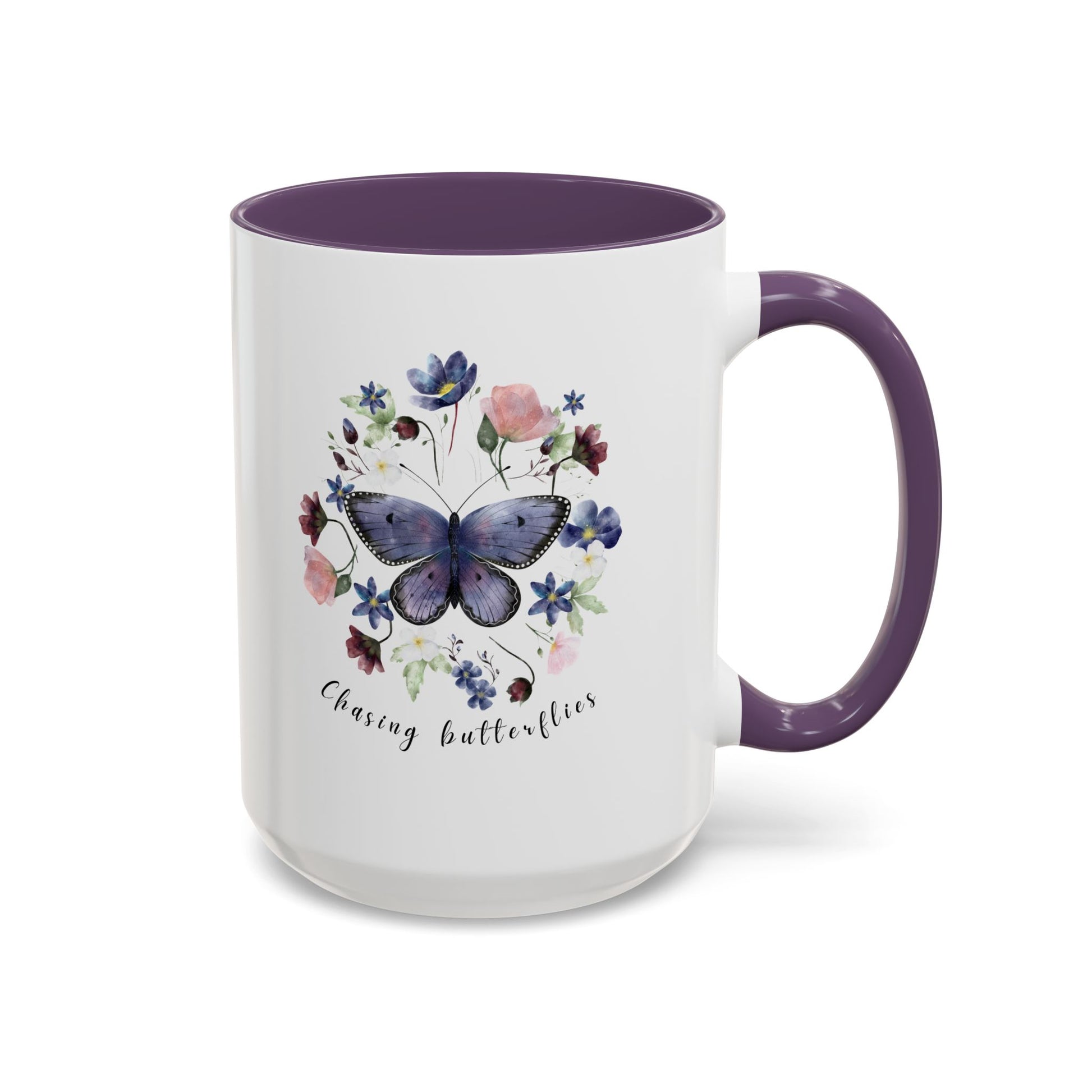 Beautiful Butterfly & Wildflower Accent Coffee Mug, featuring delicate butterflies and vibrant wildflowers on a white ceramic background.  15oz sizes.