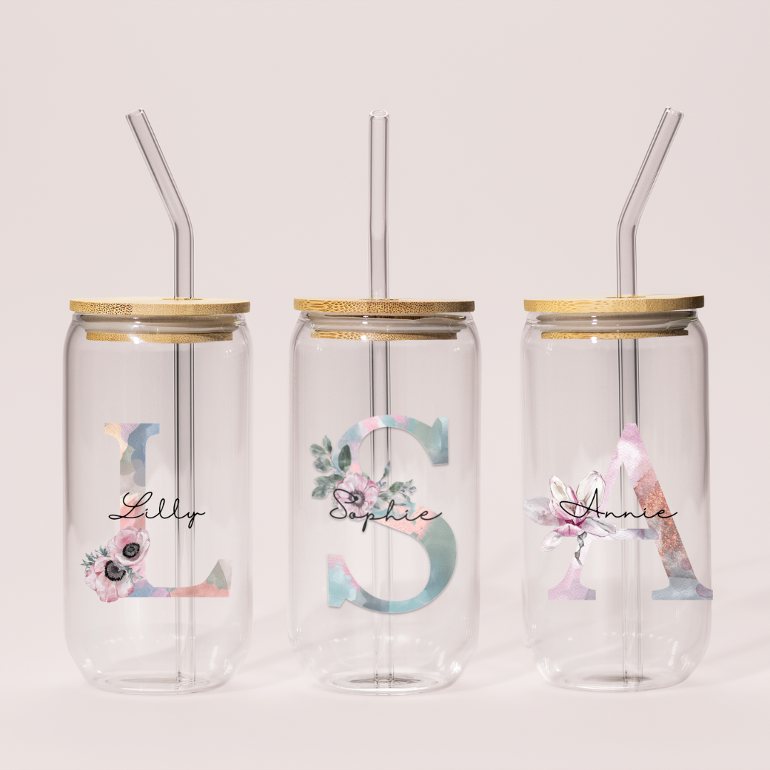 Floral Initial Sipper Glass