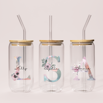 Floral Initial Sipper Glass