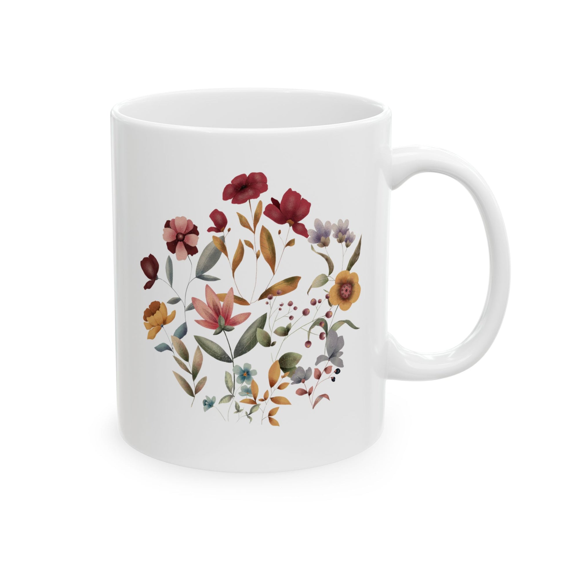 Wildflowers Circle Ceramic Mug, showcasing a vibrant circular arrangement of wildflowers on a white ceramic background. Available in 11oz