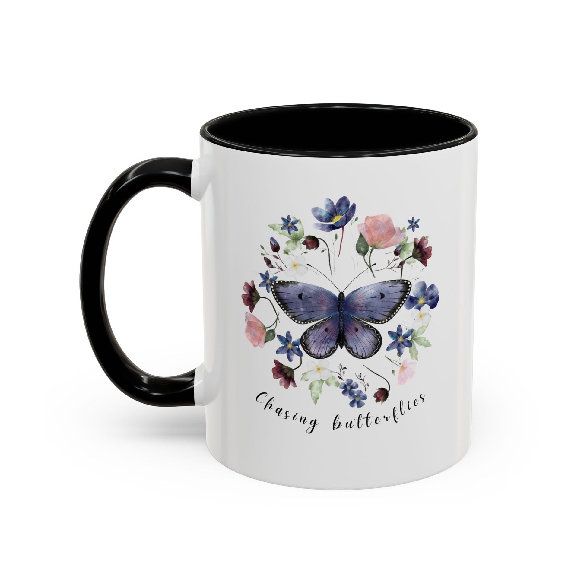 Close-up view of the intricate butterfly and wildflower design on the Butterfly & Wildflower Accent Coffee Mug, showcasing the vibrant colors and delicate details.
