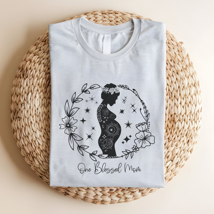 Flat lay of the "One Blessed Mom" T-Shirt, highlighting the soft Airlume cotton fabric and classic crew neckline. Ash
