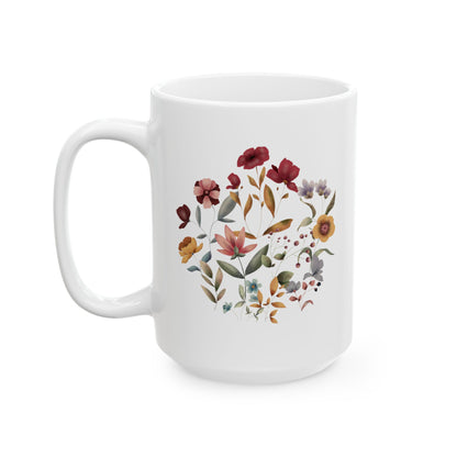 Wildflowers Circle Ceramic Mug, showcasing a vibrant circular arrangement of wildflowers on a white ceramic background. Available in 15oz