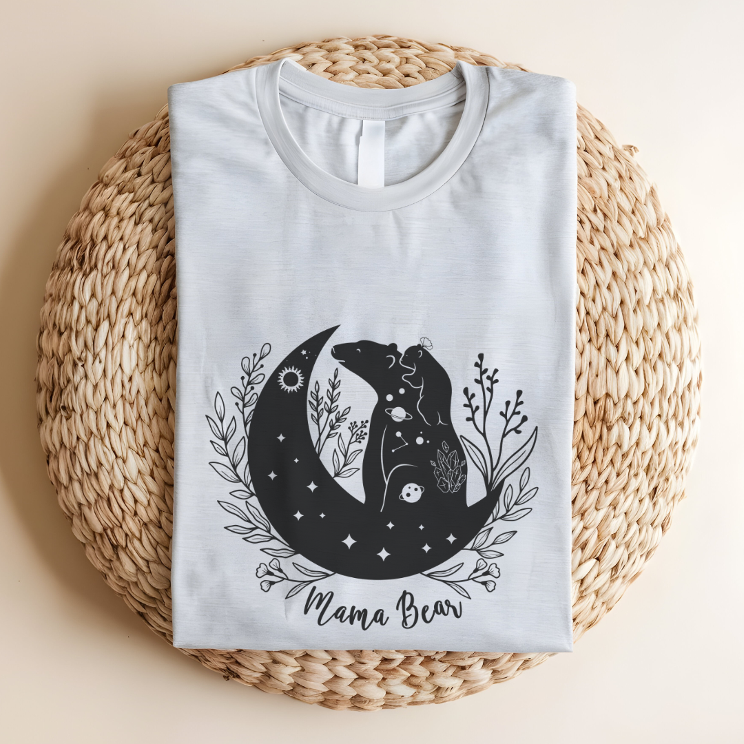 Folded "Mamma Bear" T-Shirt, highlighting the soft Airlume cotton fabric and classic crew neckline. Ash