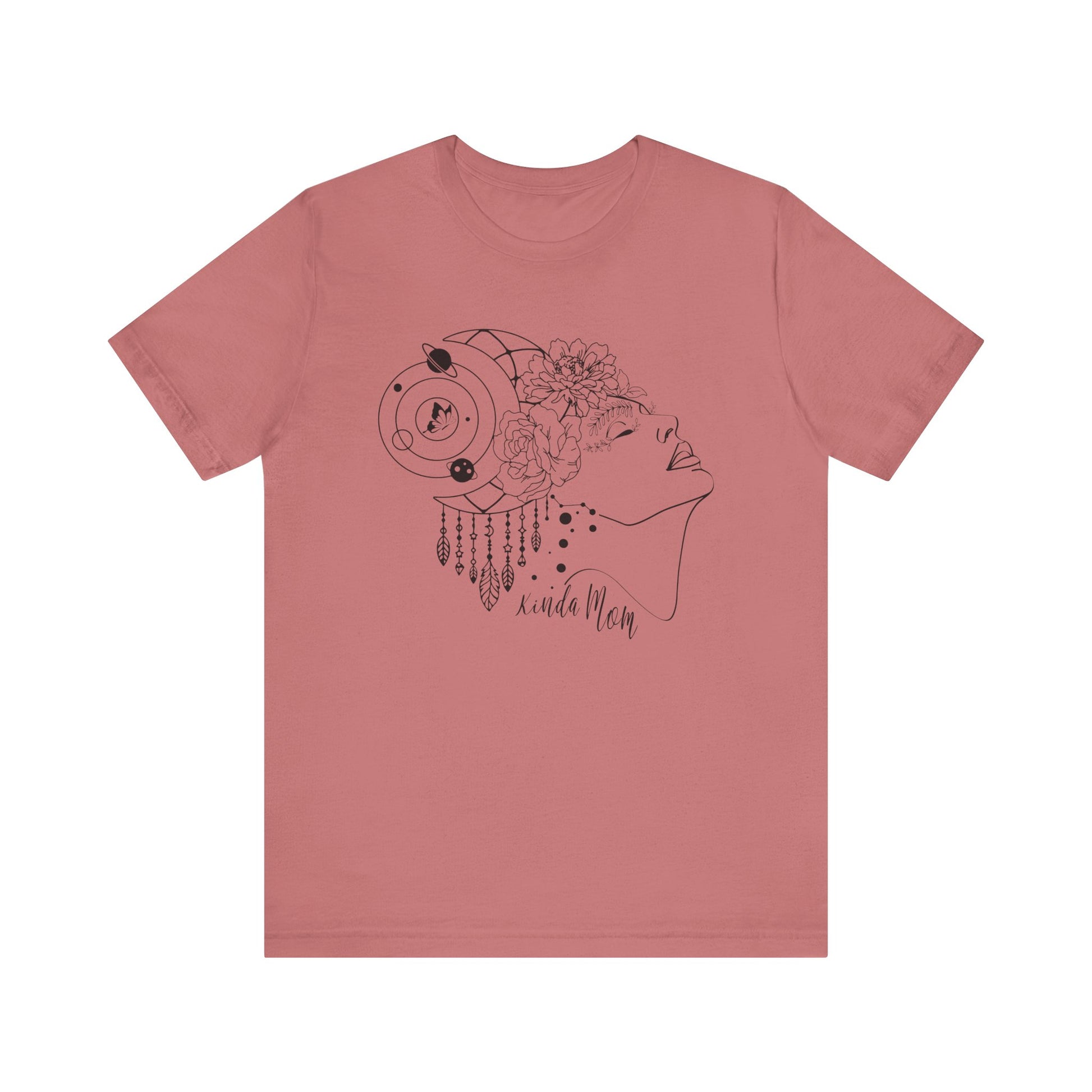 Flat lay of the "Kinda Mom" T-Shirt, highlighting the soft Airlume cotton fabric and classic crew neckline. Color Mauve