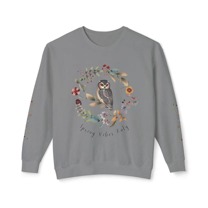 Spring Vibes Only: Watercolor Owl & Flowers Unisex Lightweight Crewneck Sweatshirt - Wild Family Tribe