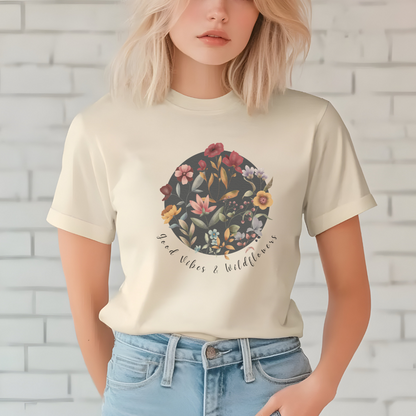 Close-up view of the "Good Vibes & Wildflowers" graphic, showcasing the soft textures of the watercolor wildflowers, the intricate details of the individual petals and leaves, and the elegant typography of the "Good Vibes & Wildflowers" text.