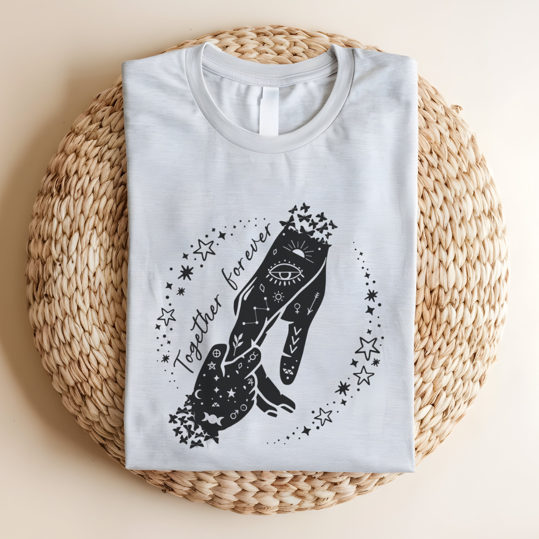 Flat lay of the "Together Forever" Mother's Day T-Shirt, highlighting the soft Airlume cotton fabric and classic crew neckline. 