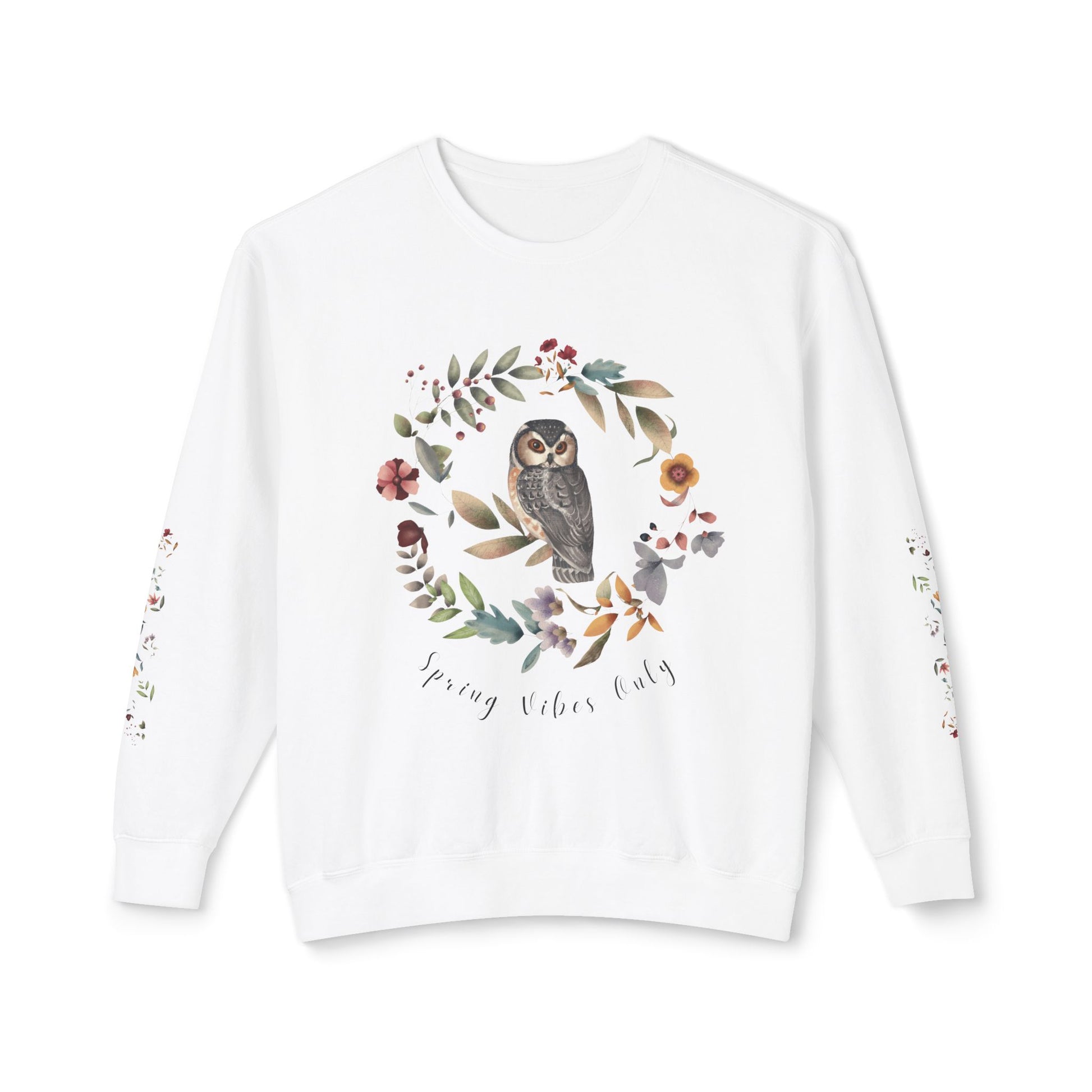 Spring Vibes Only: Watercolor Owl & Flowers Unisex Lightweight Crewneck Sweatshirt - Wild Family Tribe