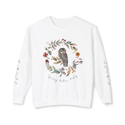 Spring Vibes Only: Watercolor Owl & Flowers Unisex Lightweight Crewneck Sweatshirt - Wild Family Tribe