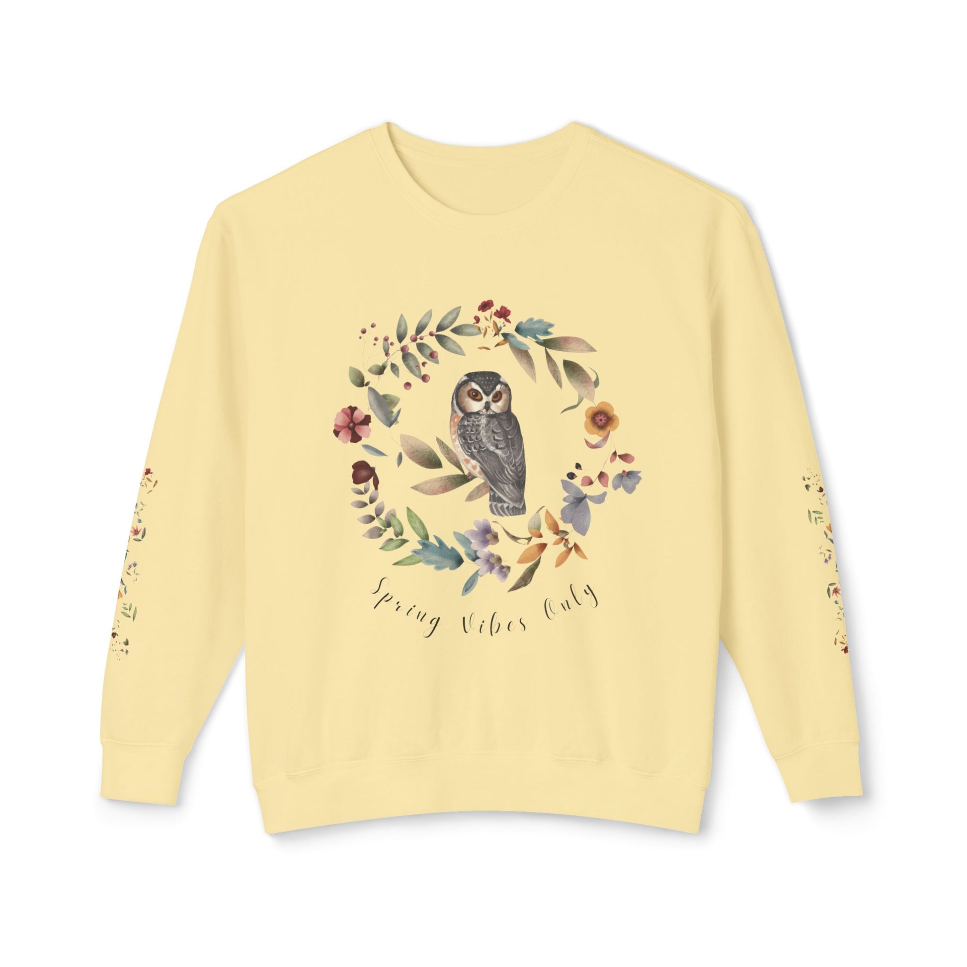 Spring Vibes Only: Watercolor Owl & Flowers Unisex Lightweight Crewneck Sweatshirt - Wild Family Tribe