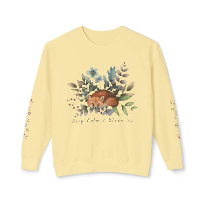 Keep Calm & Bloom on: Watercolor Fox & Flowers Unisex Lightweight Crewneck Sweatshirt - Wild Family Tribe