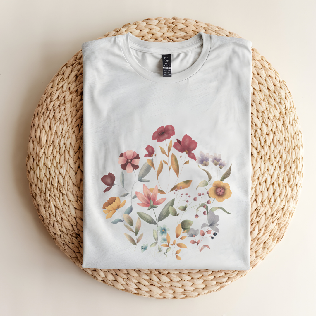 Flat lay of the "Hello Spring" Floral Tee, highlighting the soft, 100% US cotton fabric, classic crew neck, and the beautiful botanical floral design. Color Ash