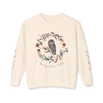 Spring Vibes Only: Watercolor Owl & Flowers Unisex Lightweight Crewneck Sweatshirt - Wild Family Tribe