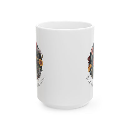 Good Vibes & Wildflowers Ceramic Mug, featuring a vibrant circle of wildflowers on a navy  background. Available in 11oz 