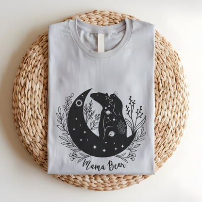 Folded "Mamma Bear" T-Shirt, highlighting the soft Airlume cotton fabric and classic crew neckline. Heather Clay Gray