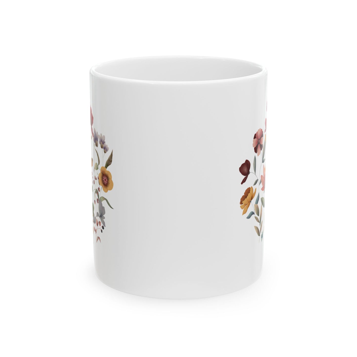 Wildflowers Circle Ceramic Mug, showcasing a vibrant circular arrangement of wildflowers on a white ceramic background. Available in 11oz