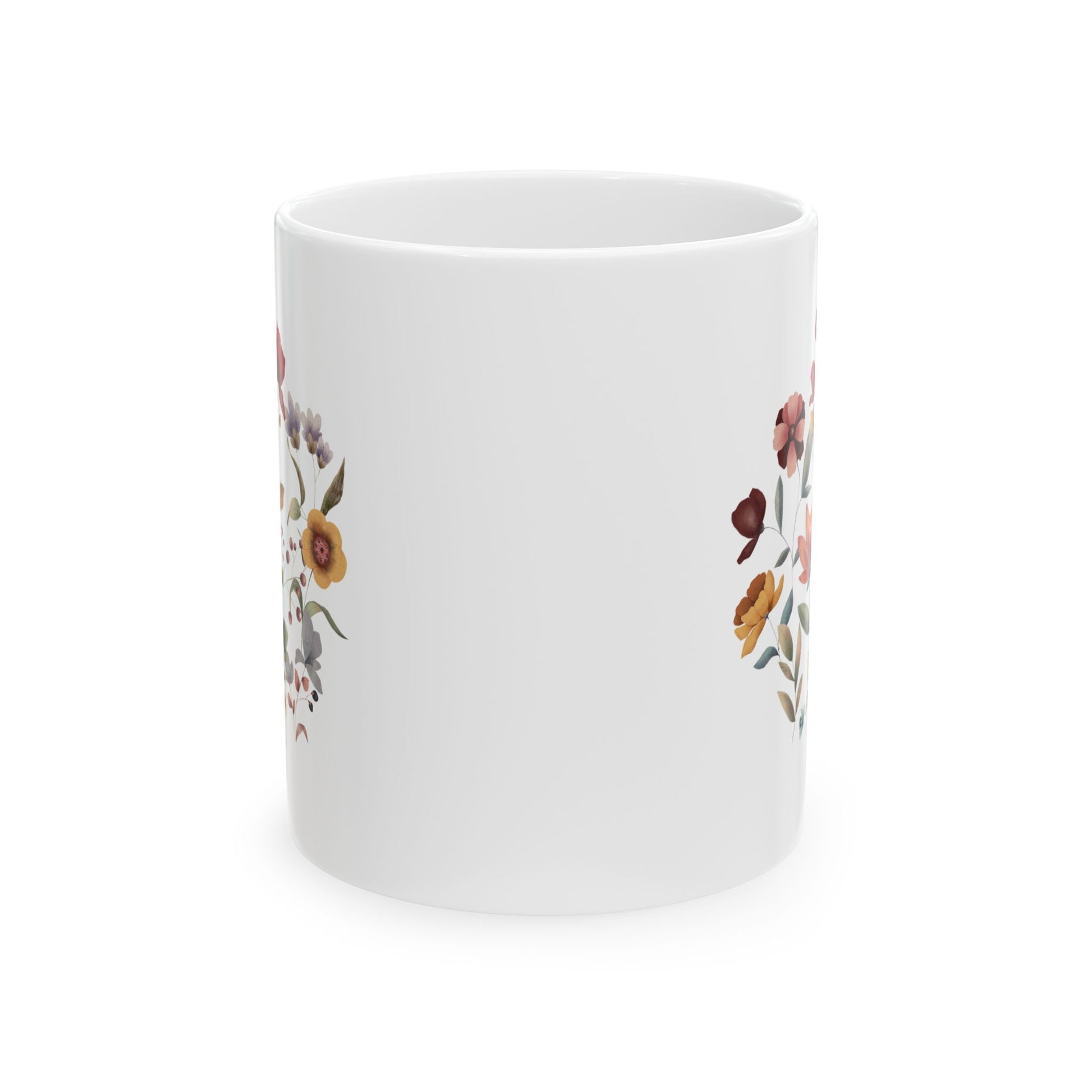 Wildflowers Circle Ceramic Mug, showcasing a vibrant circular arrangement of wildflowers on a white ceramic background. Available in 11oz