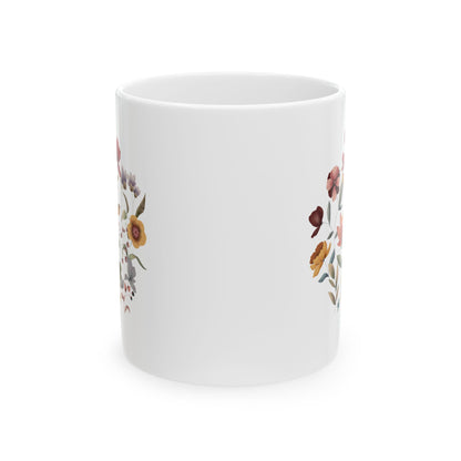 Wildflowers Circle Ceramic Mug, showcasing a vibrant circular arrangement of wildflowers on a white ceramic background. Available in 11oz