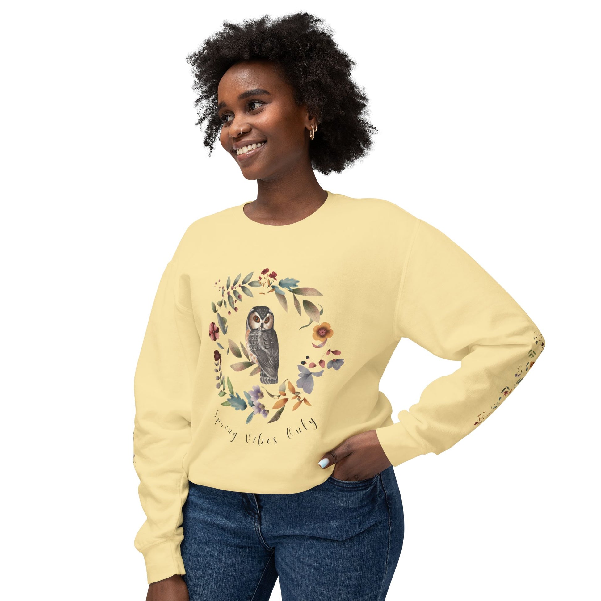 Spring Vibes Only: Watercolor Owl & Flowers Unisex Lightweight Crewneck Sweatshirt - Wild Family Tribe