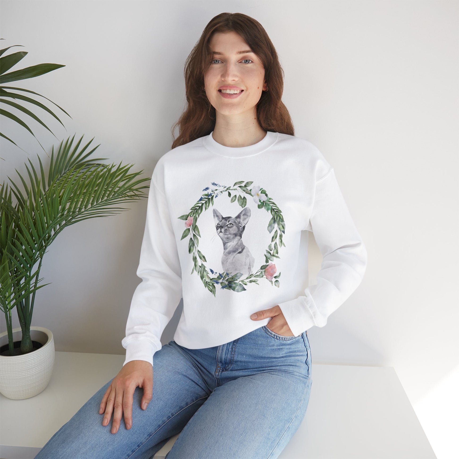 Watercolor Cat & Flowers Unisex Crewneck Sweatshirt - Purrfect for Spring - Wild Family Tribe
