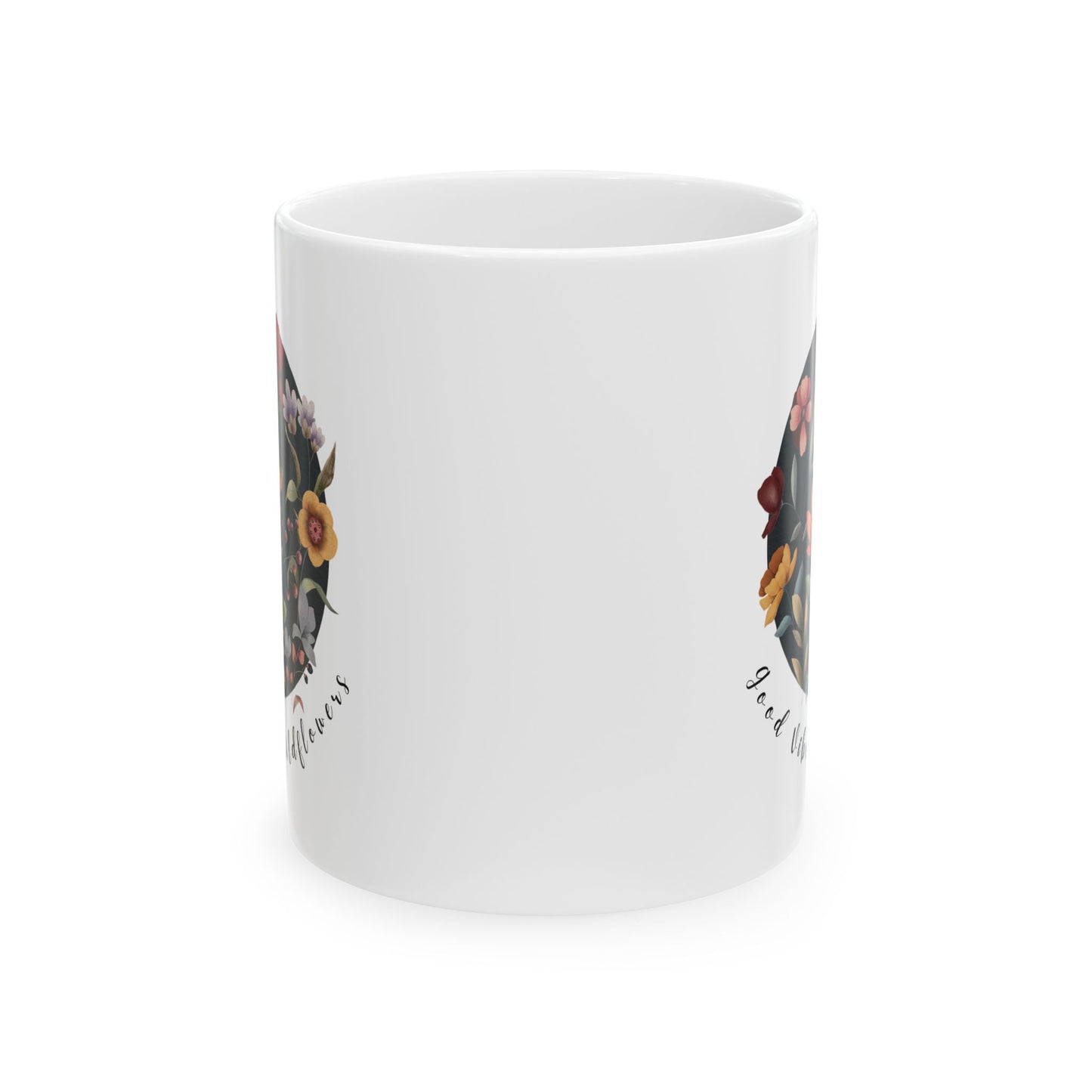 Good Vibes & Wildflowers Ceramic Mug, featuring a vibrant circle of wildflowers on a navy  background. Available in 11oz 