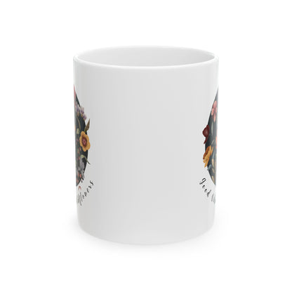 Good Vibes & Wildflowers Ceramic Mug, featuring a vibrant circle of wildflowers on a navy  background. Available in 11oz 