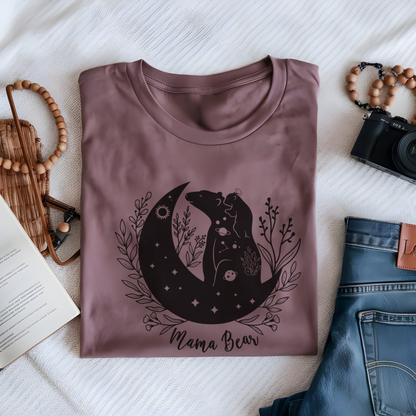 Folded "Mamma Bear" T-Shirt, highlighting the soft Airlume cotton fabric and classic crew neckline. Mauve