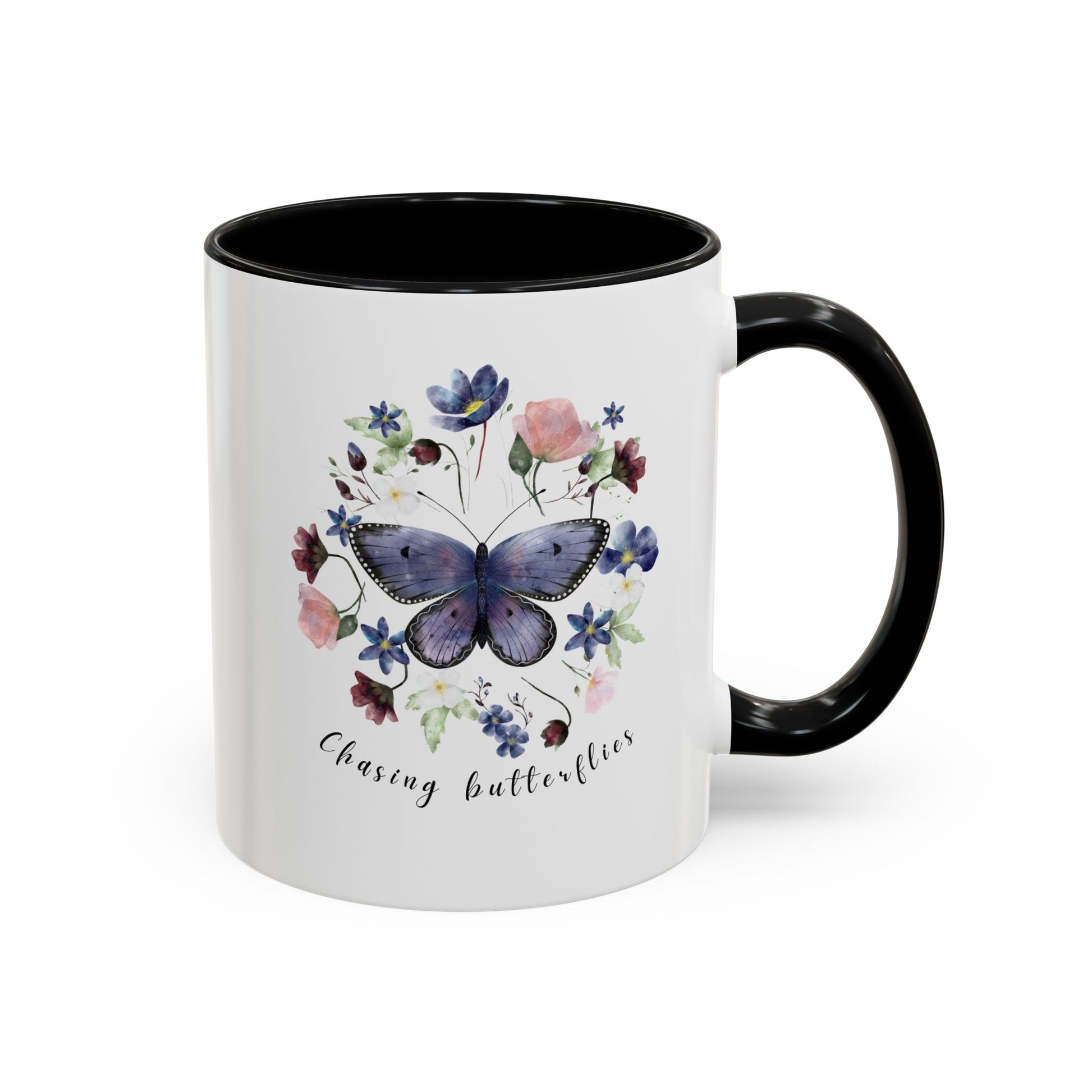 Close-up view of the intricate butterfly and wildflower design on the Butterfly & Wildflower Accent Coffee Mug, showcasing the vibrant colors and delicate details.
