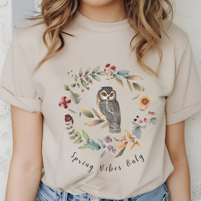 Close-up view of the "Spring Vibes Only" graphic, showcasing the delicate watercolor textures of the owl's feathers, the intricate details of the flower petals and leaves in the wreath, and the whimsical typography of the "Spring Vibes Only" text.