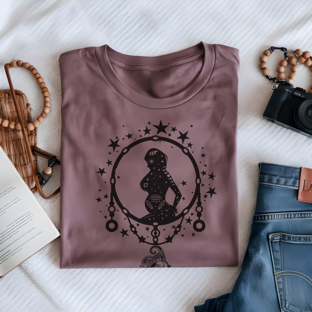 Flat lay of the Dreamcatcher Mother's Day T-Shirt, highlighting the soft Airlume cotton fabric and classic crew neckline. Mauve
