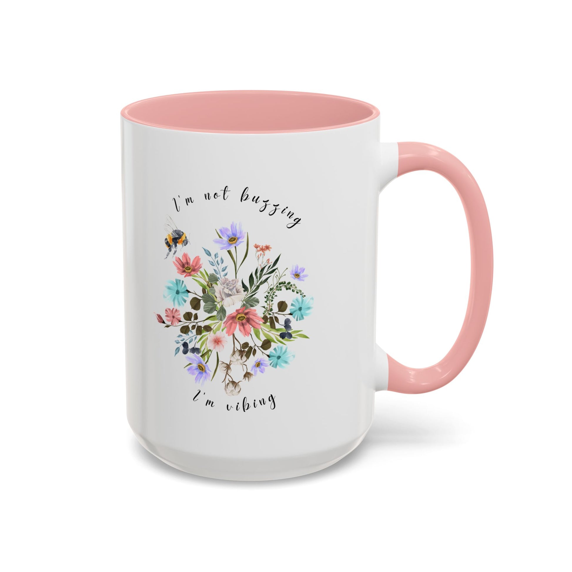 Close-up view of the detailed bee and wildflower illustration Coffee Mug,  15oz pink
