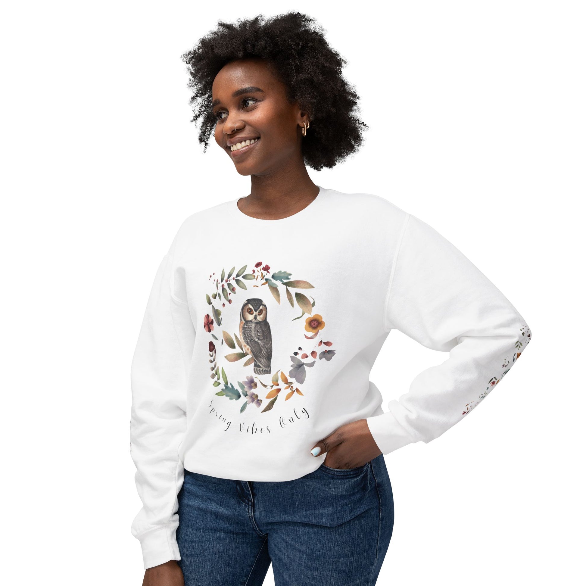 Spring Vibes Only: Watercolor Owl & Flowers Unisex Lightweight Crewneck Sweatshirt - Wild Family Tribe