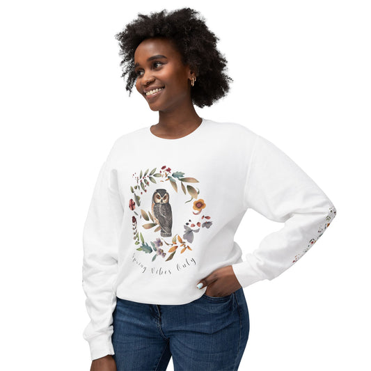 Spring Vibes Only: Watercolor Owl & Flowers Unisex Lightweight Crewneck Sweatshirt - Wild Family Tribe